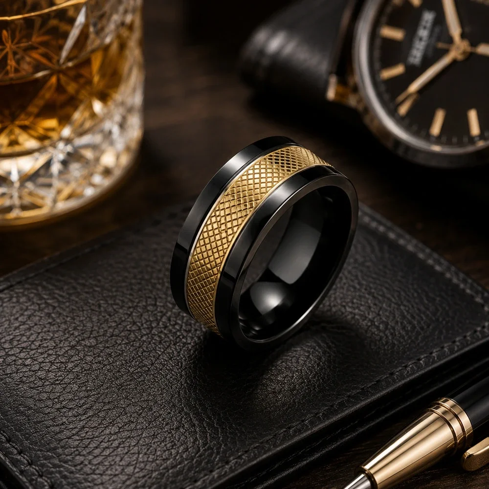 Men’s black gold band 316L stainless steel spinning ring hypoallergenic size 11